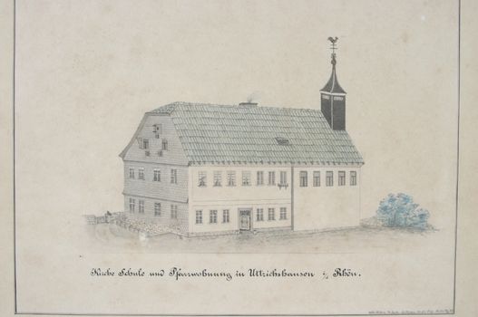 Die katholische Kirche im alten Schloss mit Schule und Pfarrwohnung, gezeichnet und koloriert im Jahre 1844 von Willi Heller  